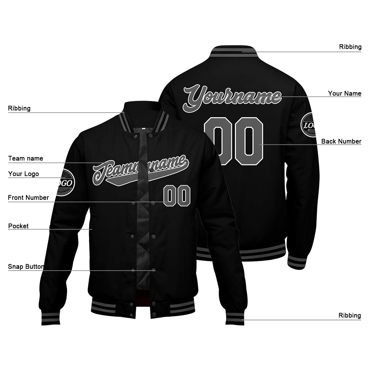 Chaqueta universitaria personalizada estilo Letterman para hombres-mujeres y jóvenes-color negro y gris