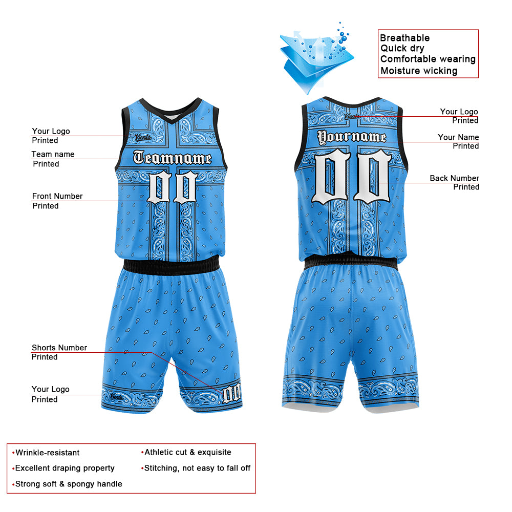 Uniforme de baloncesto personalizado azul claro y negro con tu logotipo-nombre y número impresos