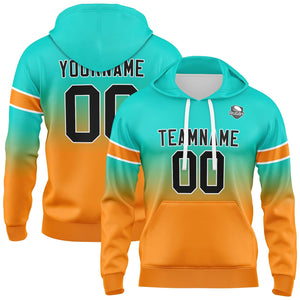 Sudadera con capucha degradada personalizada para hombre-mujer-niña o niño Estampa tu logotipo-nombre o número Color verde azulado y naranja