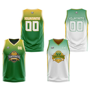 Traje de baloncesto reversible personalizado verde-amarillo y blanco para adultos y niños