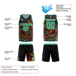 Uniforme de baloncesto verde con geometría dañada personalizada-impreso con tu logotipo-nombre y número