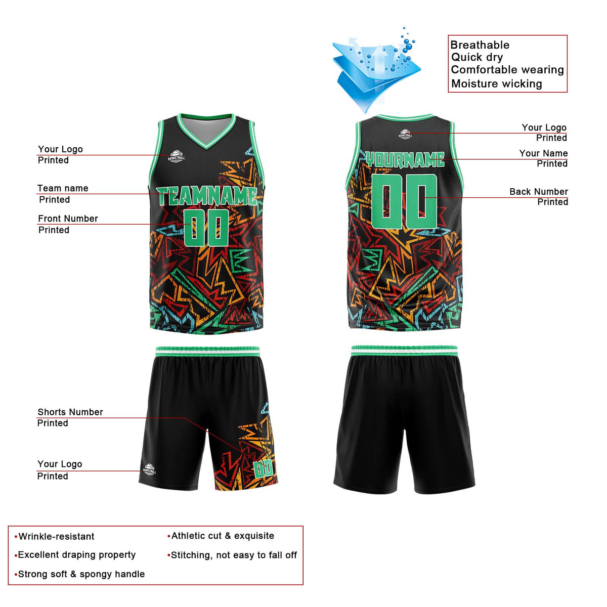 Uniforme de baloncesto verde con geometría dañada personalizada-impreso con tu logotipo-nombre y número