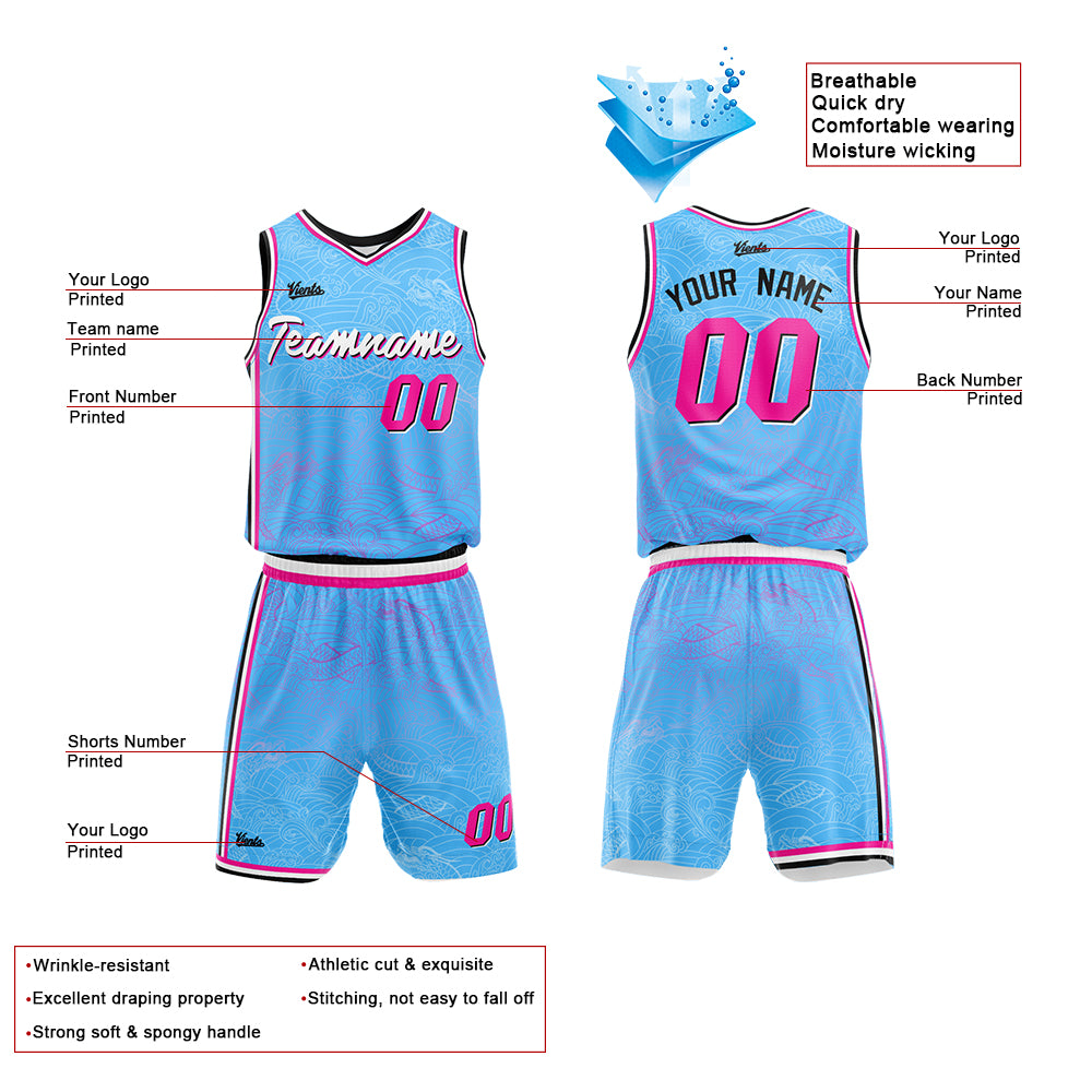 Uniforme de baloncesto azul claro personalizado con tu logotipo-nombre y número impresos