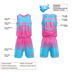 Uniforme de baloncesto personalizado rosa y azul claro con tu logotipo-nombre y número impresos