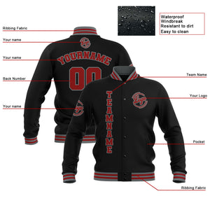 Chaquetas universitarias impermeables personalizadas en negro-rojo y gris con nombre-número y logotipo bordados