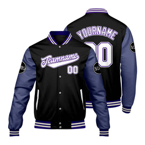 Chaquetas universitarias personalizadas negras y moradas para hombres & mujeres y jóvenes & Chaquetas Letterman personalizadas