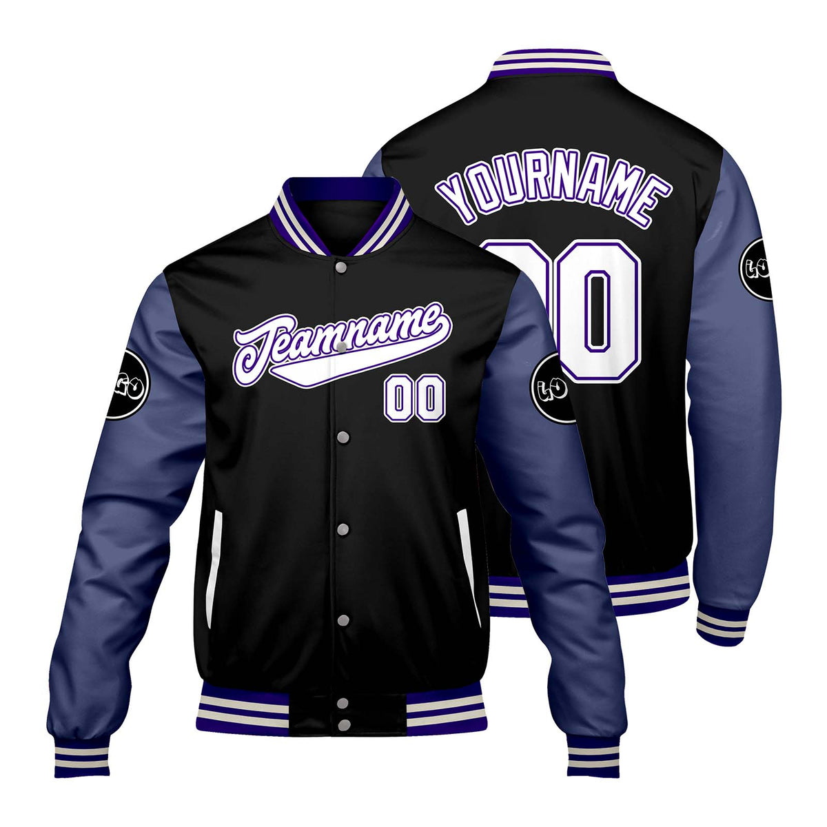 Chaquetas universitarias personalizadas negras y moradas para hombres & mujeres y jóvenes & Chaquetas Letterman personalizadas
