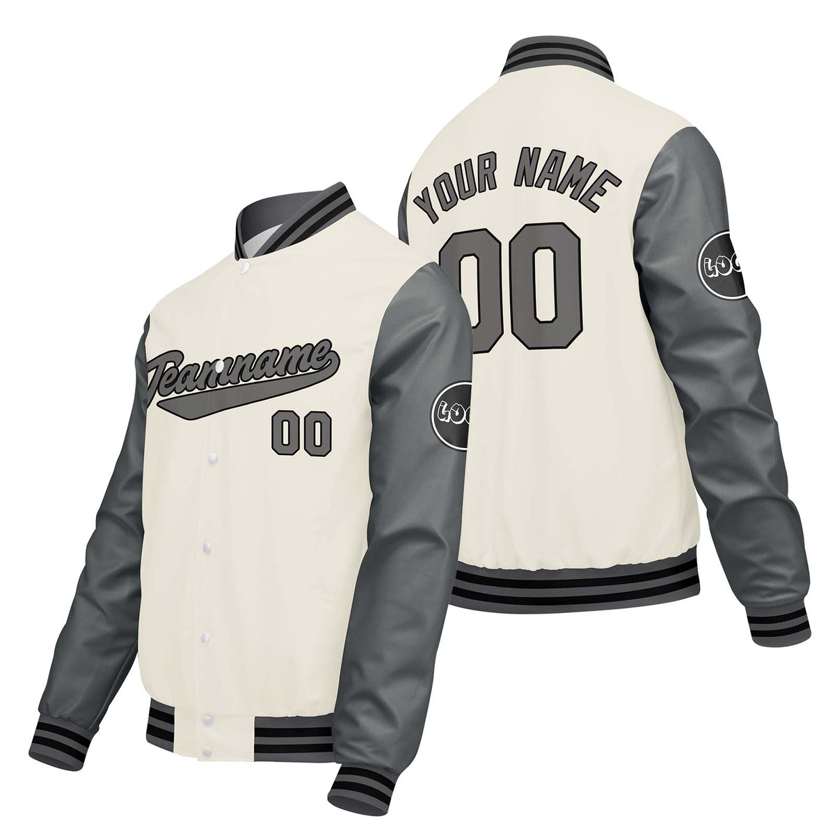 Chaquetas universitarias personalizadas en gris claro & crema y blanco para hombres & mujeres y jóvenes & Chaquetas Letterman personalizadas