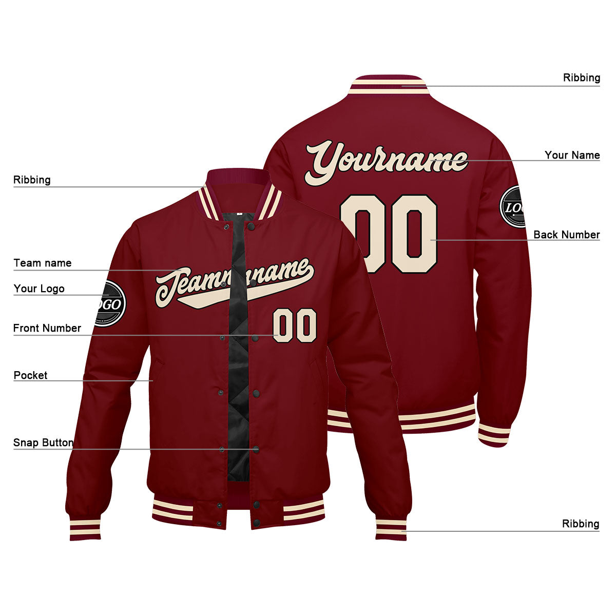 Chaqueta universitaria personalizada estilo Letterman para hombres-mujeres y jóvenes-color crema carmesí