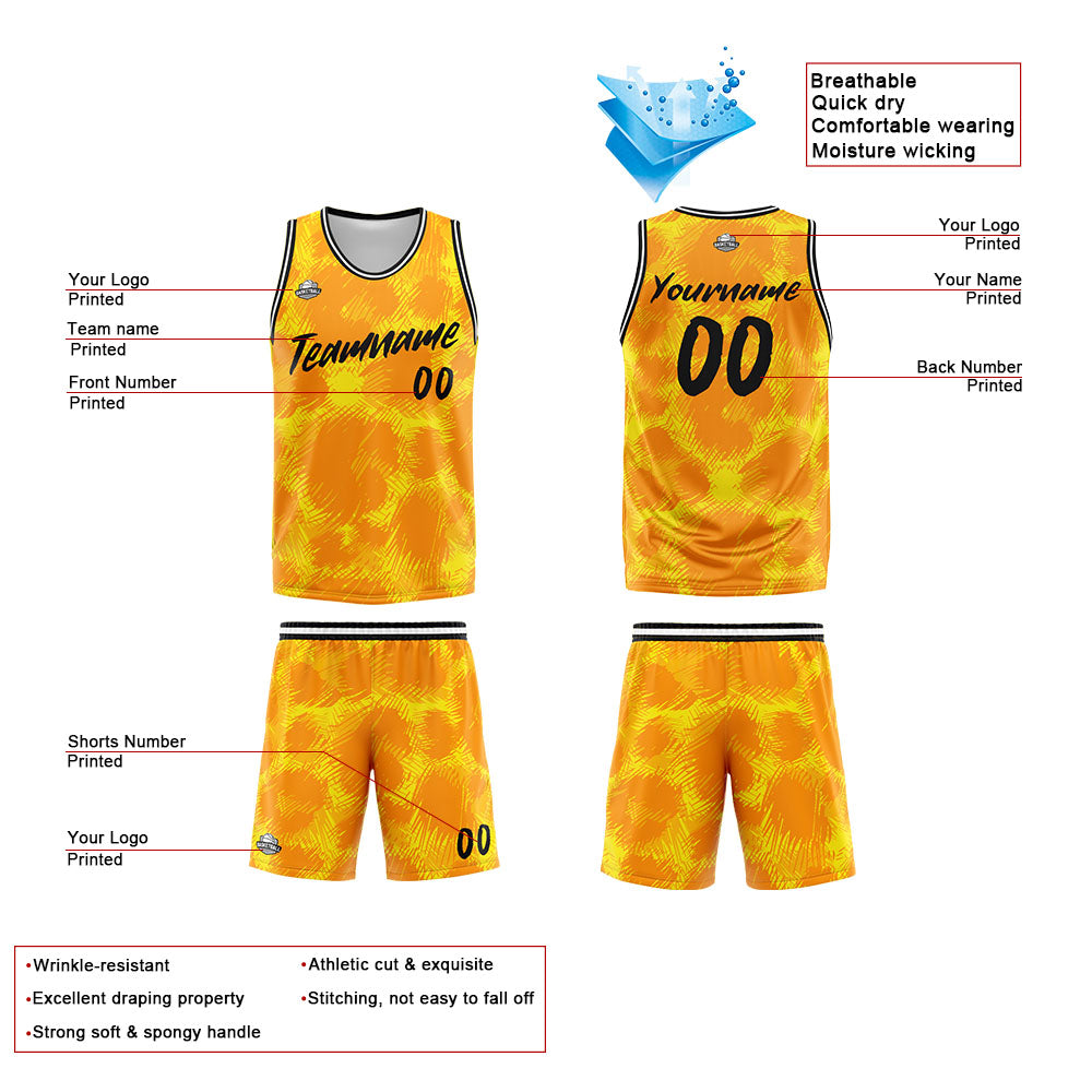Uniforme de baloncesto personalizado con estampado de leopardo amarillo y tu logotipo-nombre y número impresos