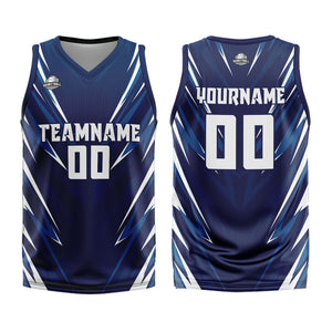 Uniforme de baloncesto triangular azul oscuro personalizado con su logotipo-nombre y número impresos
