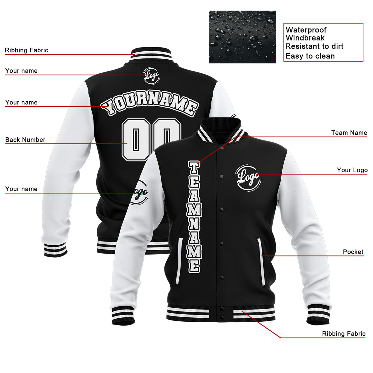 Chaquetas universitarias impermeables personalizadas en blanco y negro con nombre-número y logotipo bordados a medida