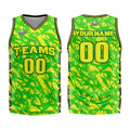 Uniforme de baloncesto personalizado verde y amarillo roto con tu logotipo-nombre y número impresos