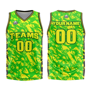 Uniforme de baloncesto personalizado verde y amarillo roto con tu logotipo-nombre y número impresos