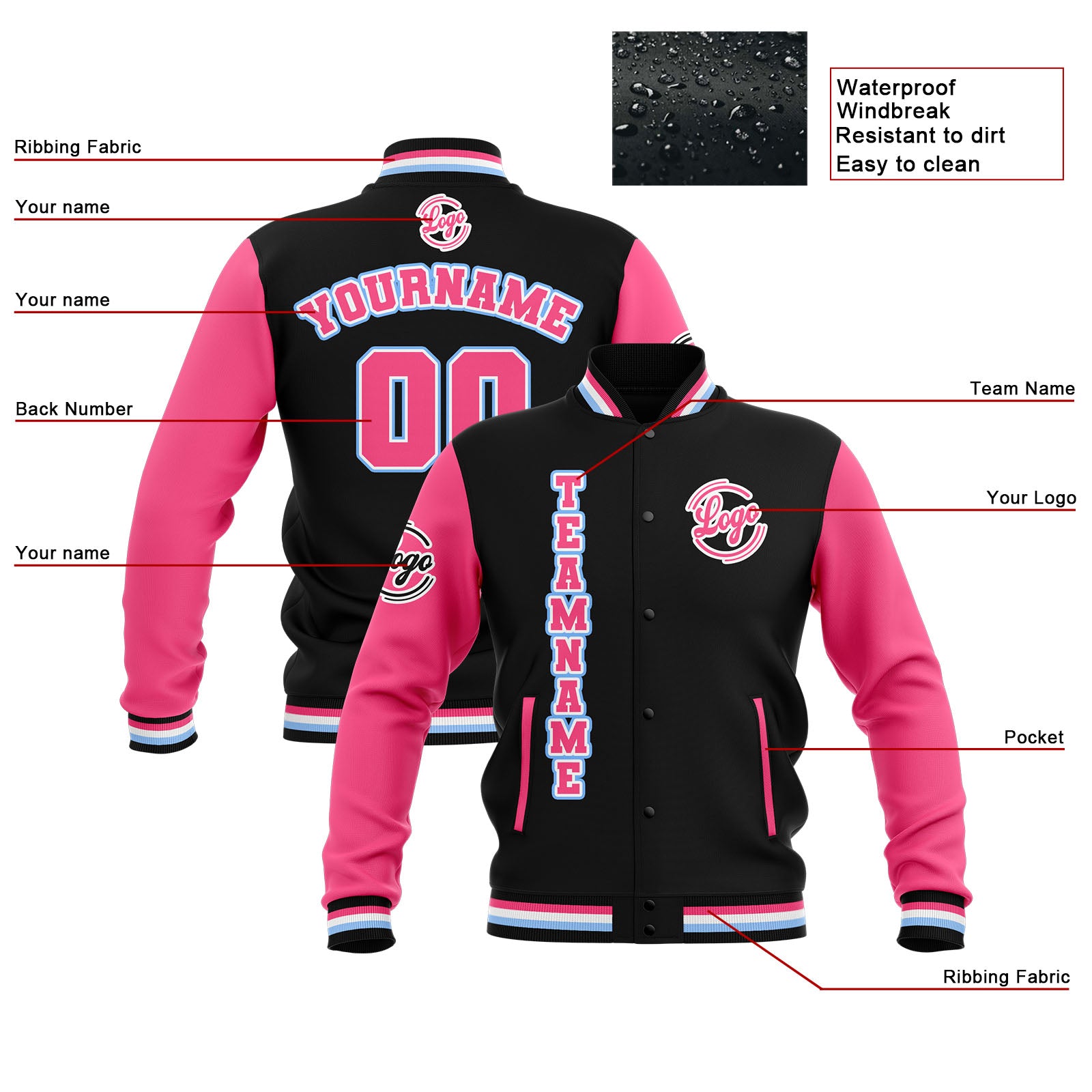 Chaquetas universitarias impermeables personalizadas en negro-rosa y azul claro con nombre-número y logotipo bordados