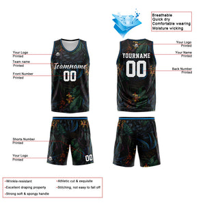 Uniforme de baloncesto personalizado negro con estampado de logotipo-nombre y número de la selva tropical