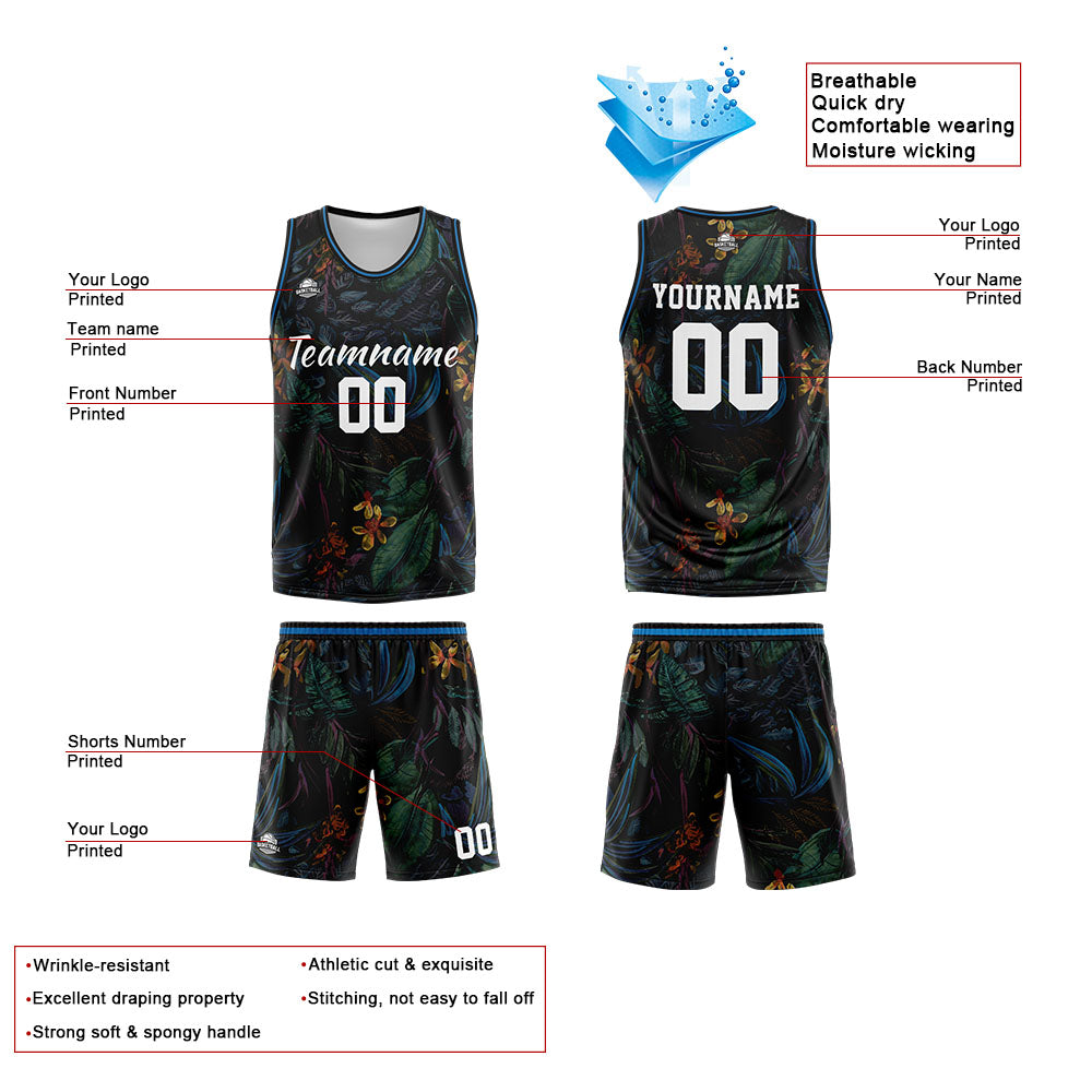 Uniforme de baloncesto personalizado negro con estampado de logotipo-nombre y número de la selva tropical