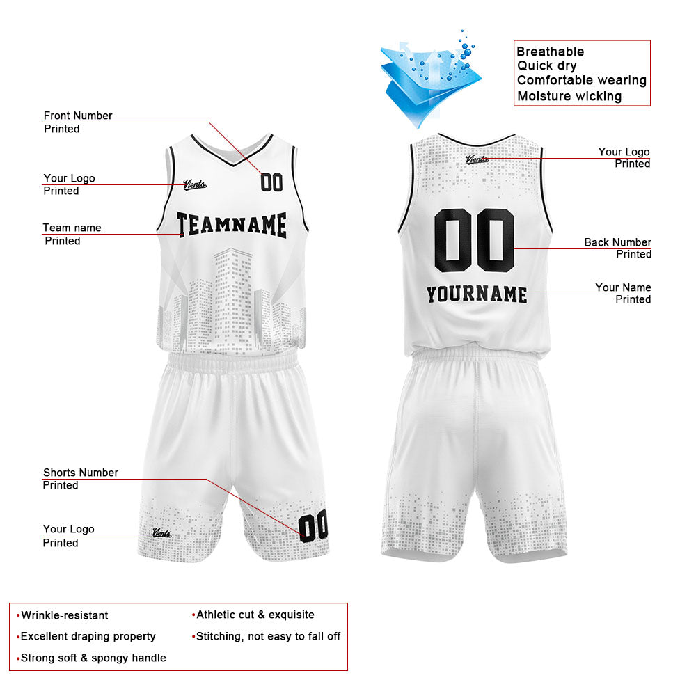 Uniforme de baloncesto personalizado con vista nocturna blanca-impreso con su logotipo-nombre y número