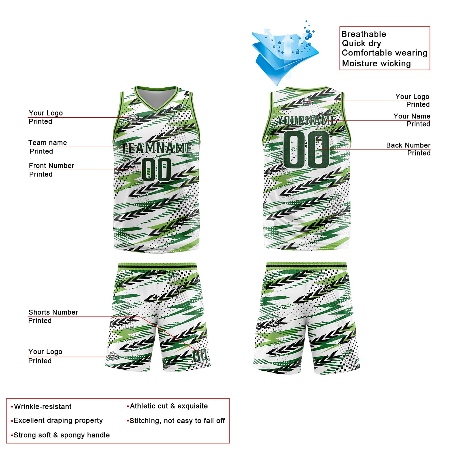 Uniforme de baloncesto personalizado blanco y verde con tu logotipo-nombre y número impresos