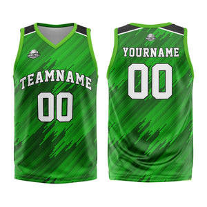 Uniforme de baloncesto verde tipo rayas personalizado con su logotipo-nombre y número impresos