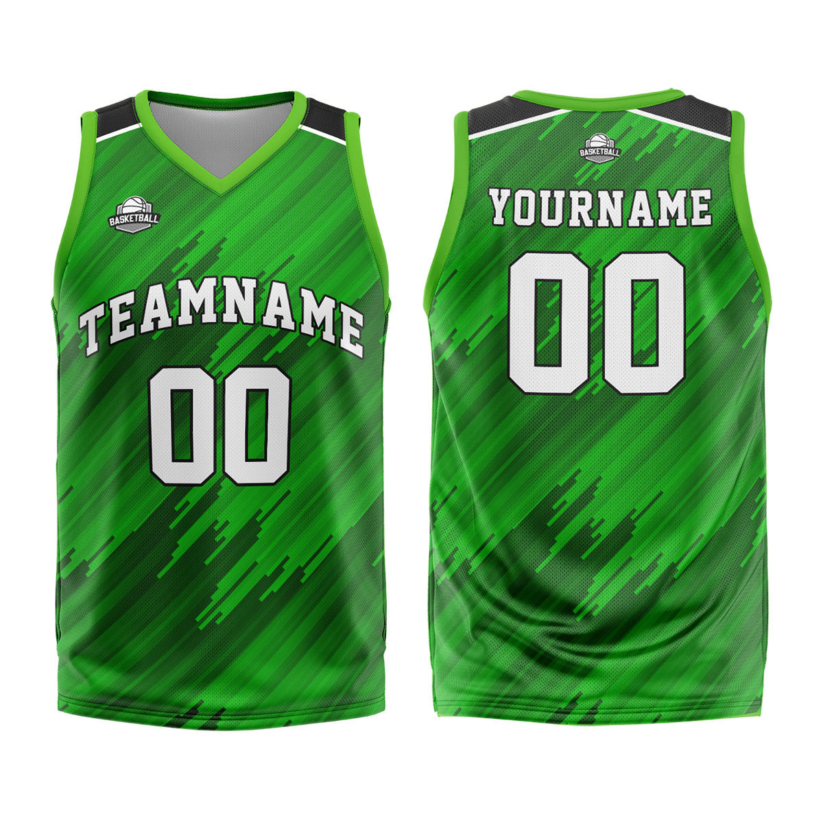 Uniforme de baloncesto verde tipo rayas personalizado con su logotipo-nombre y número impresos