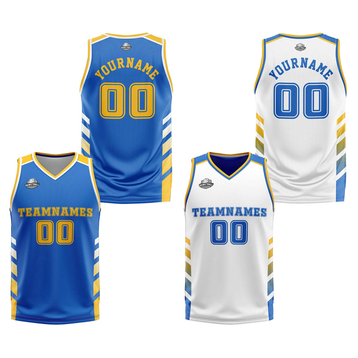 Traje de baloncesto reversible azul-blanco y amarillo personalizado para adultos y niños
