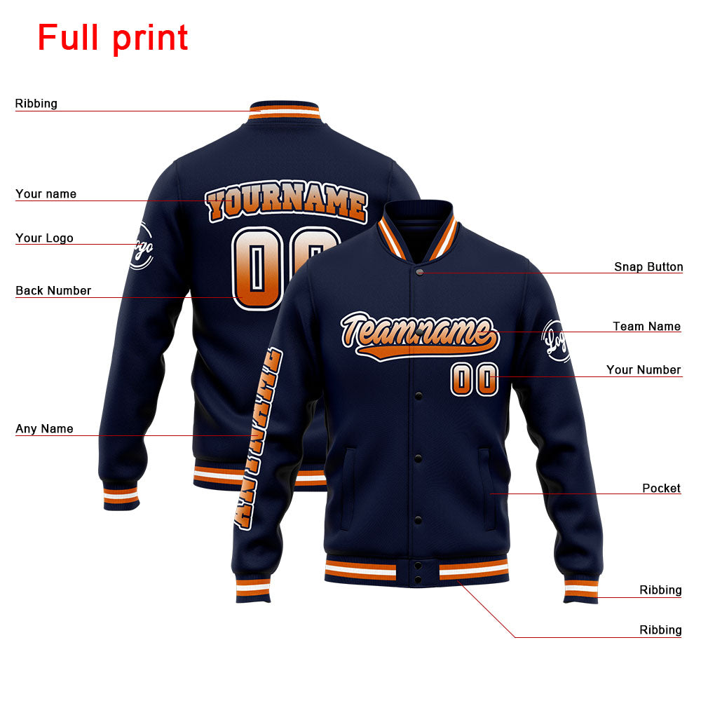 Chaqueta universitaria personalizada estilo Letterman para hombres-mujeres y jóvenes-color azul marino y naranja