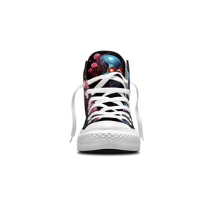 Skull Symphony: Zapatillas unisex de media caña de lona -Adéntrate en una vibrante melodía de color con un diseño de lápiz inspirado en calaveras para hombres y mujeres