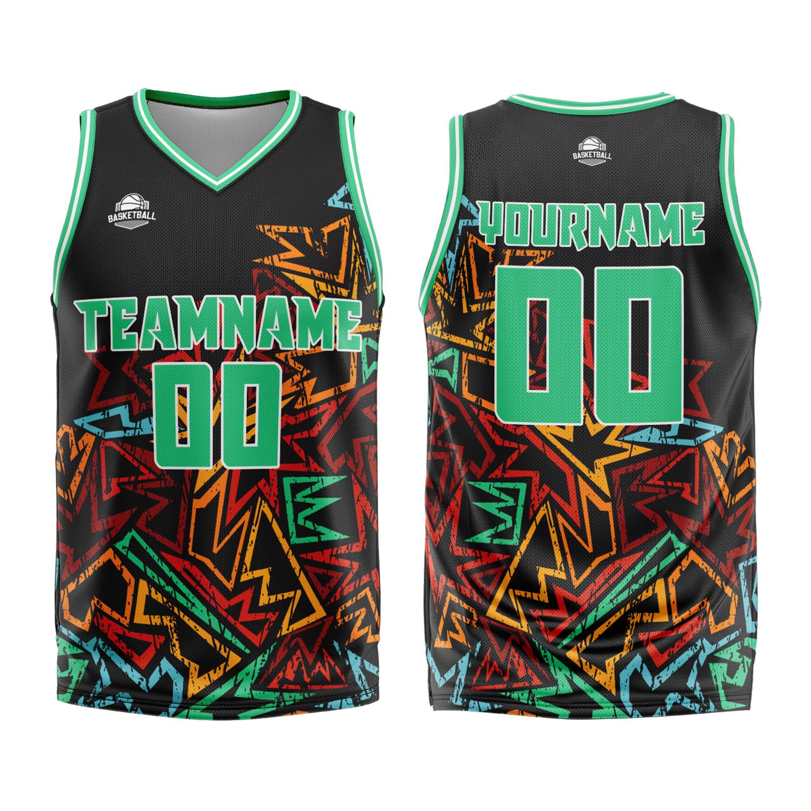 Uniforme de baloncesto verde con geometría dañada personalizada-impreso con tu logotipo-nombre y número