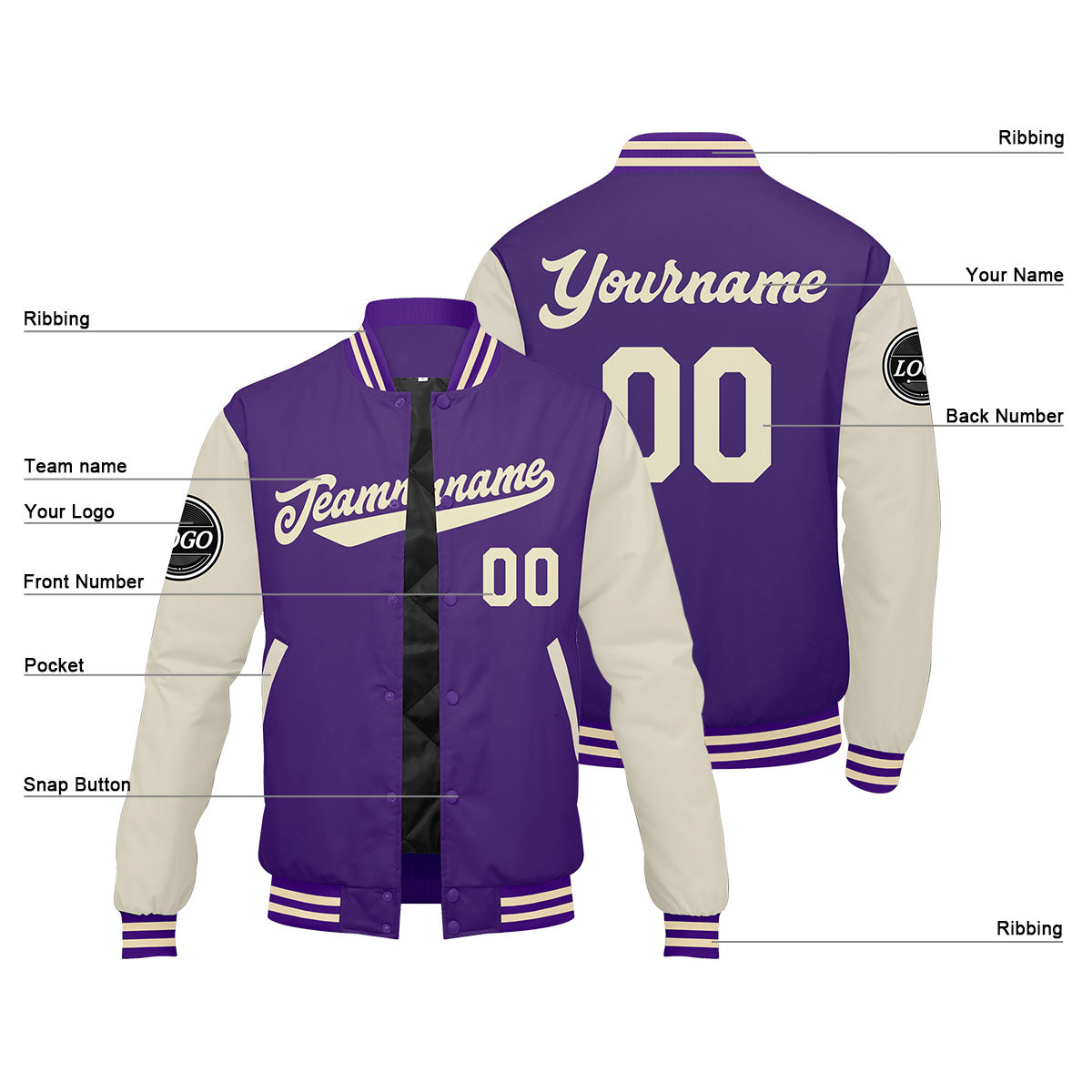 Chaqueta universitaria personalizada estilo Letterman para hombres-mujeres y jóvenes-color morado y crema