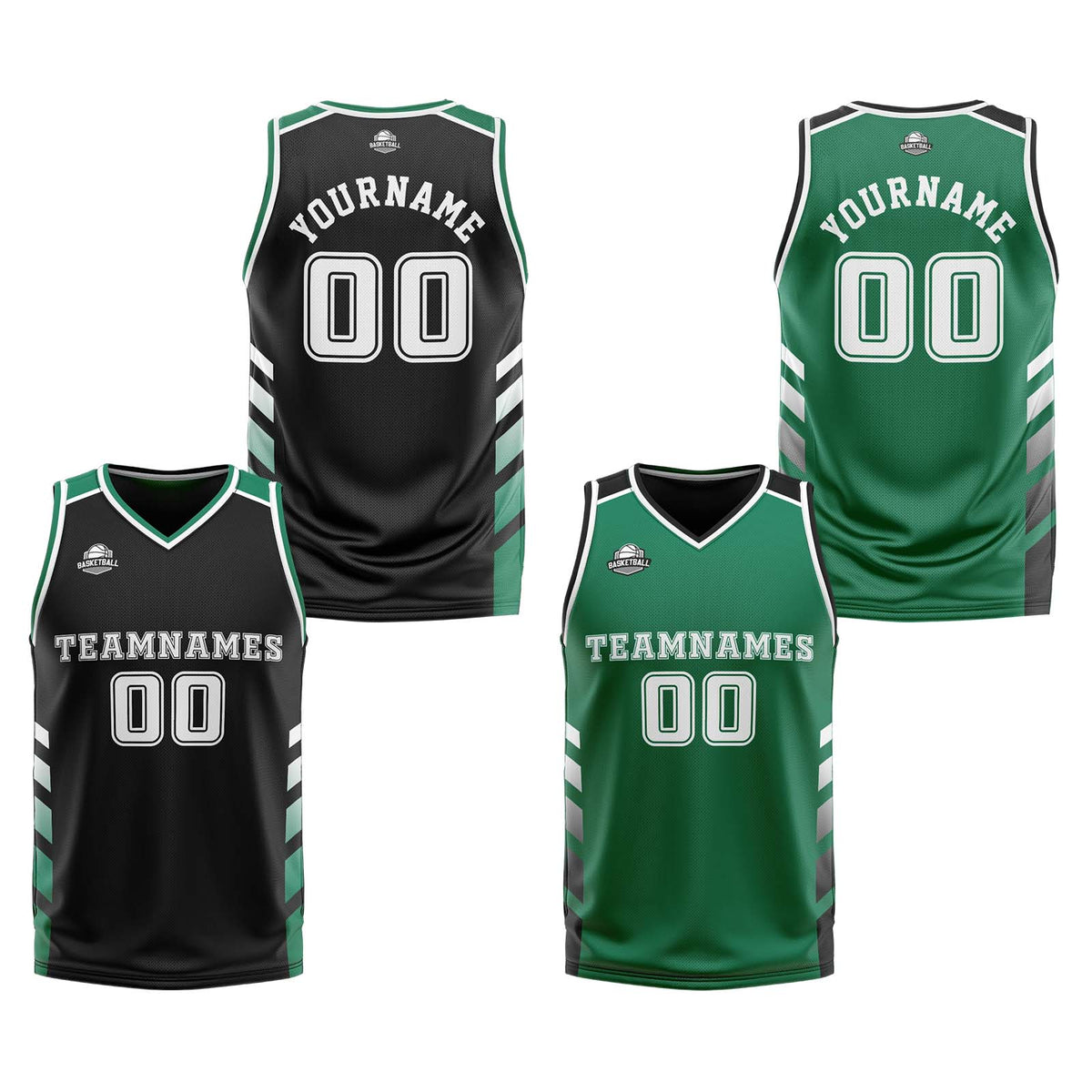 Traje de baloncesto reversible negro-verde y blanco personalizado para adultos y niños