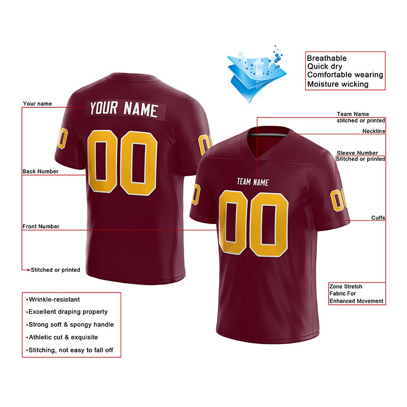 custom authentic football jersey burgundy-yellow mesh