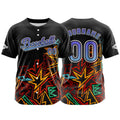 Camiseta de béisbol personalizada negra y morada con botones para hombre mujer adulto y joven con nombre número y logotipo impresos