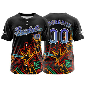 Camiseta de béisbol personalizada negra y morada con botones para hombre mujer adulto y joven con nombre número y logotipo impresos