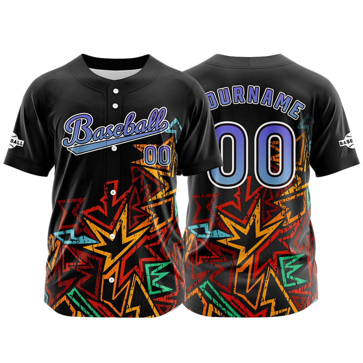 Camiseta de béisbol personalizada negra y morada con botones para hombre mujer adulto y joven con nombre número y logotipo impresos