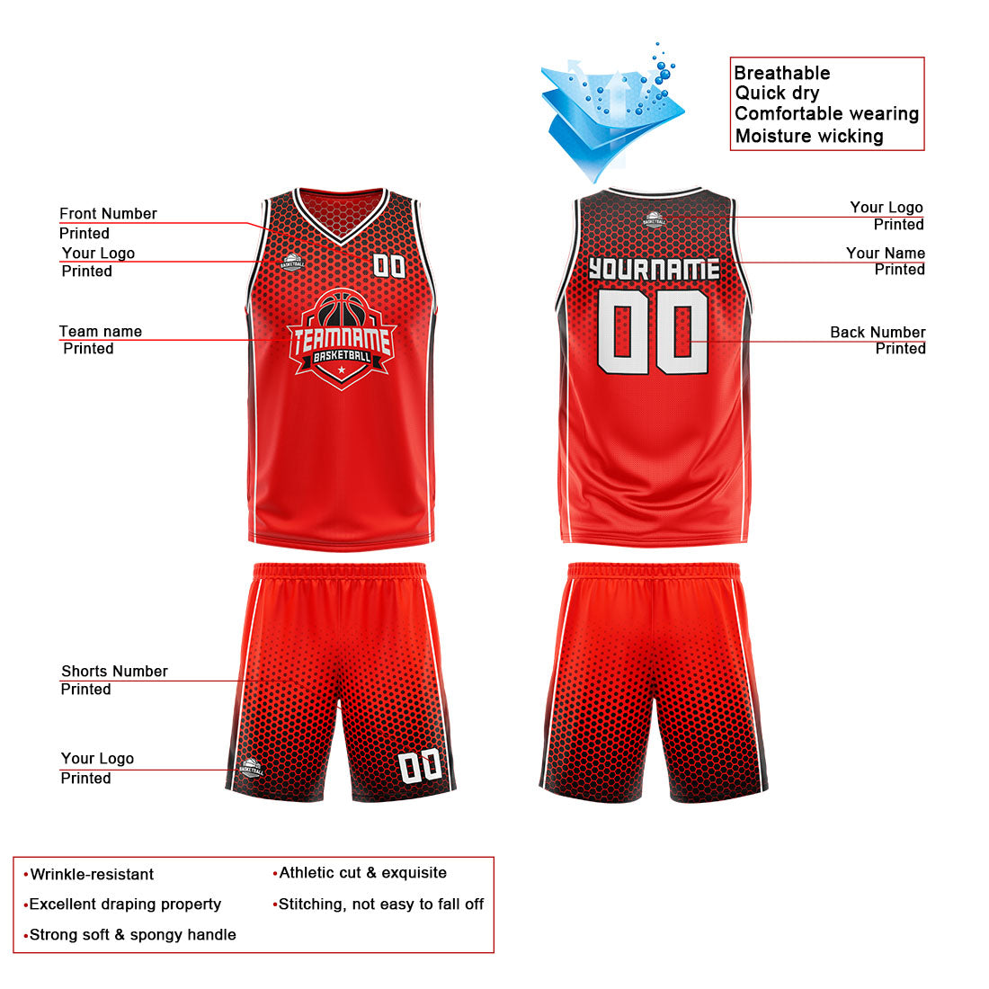 Traje de baloncesto reversible rojo-negro y blanco personalizado para adultos y niños