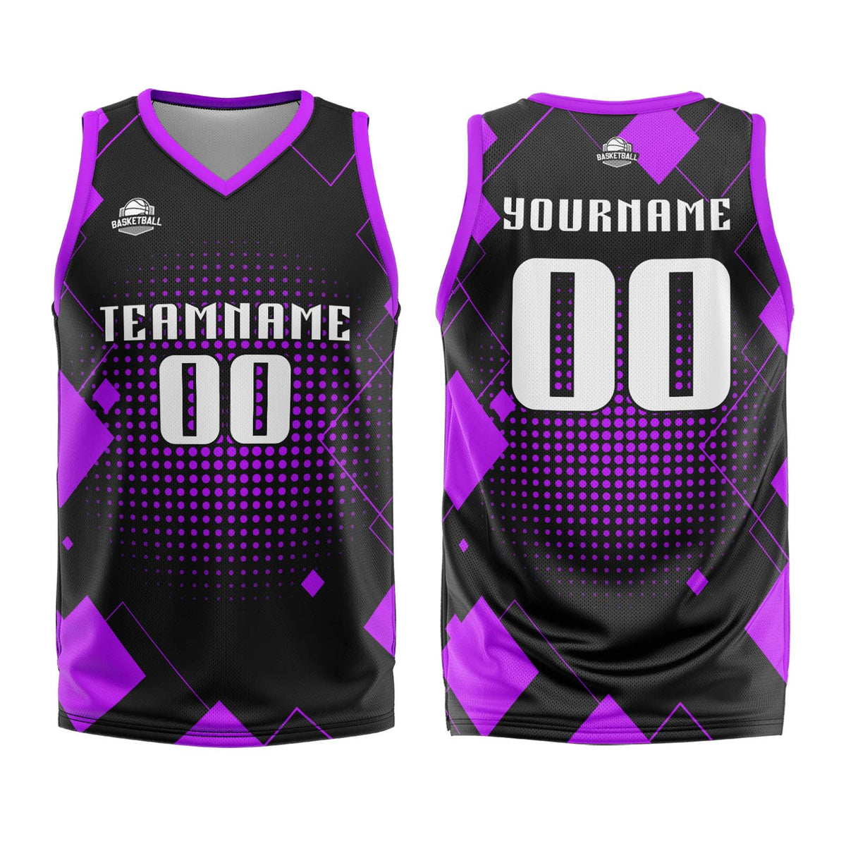 Uniforme de baloncesto morado con diseño geométrico personalizado-estampado con tu logotipo-nombre y número