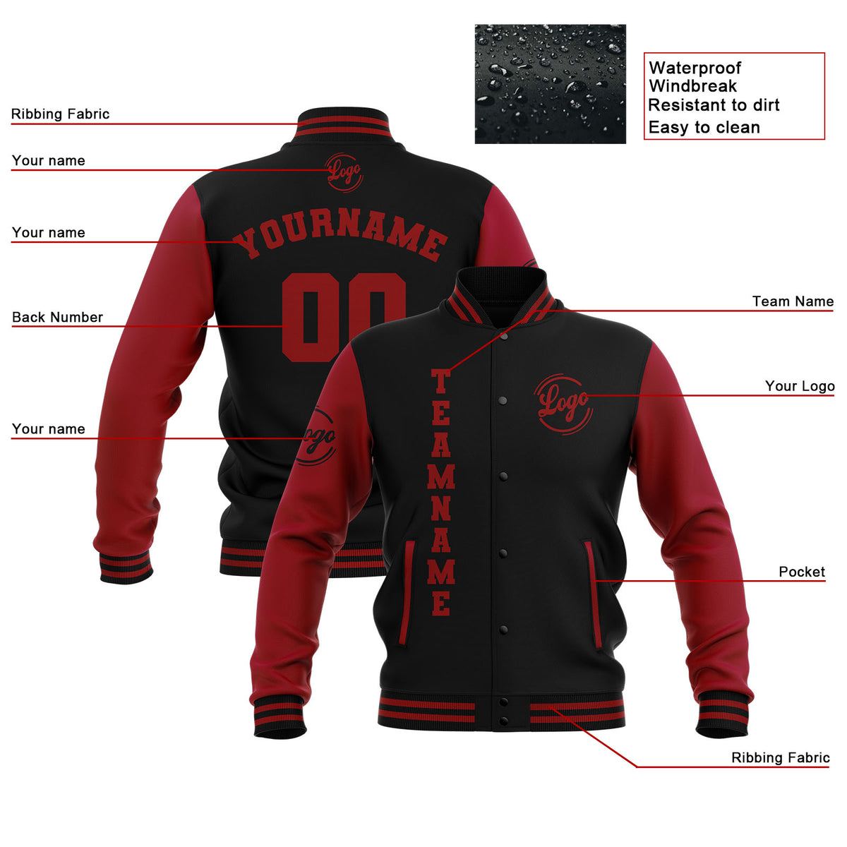 Chaquetas universitarias impermeables negras y rojas personalizadas con nombre-número y logotipo bordados a medida