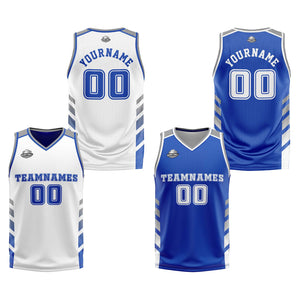 Traje de baloncesto reversible personalizado en blanco-azul y gris para adultos y niños