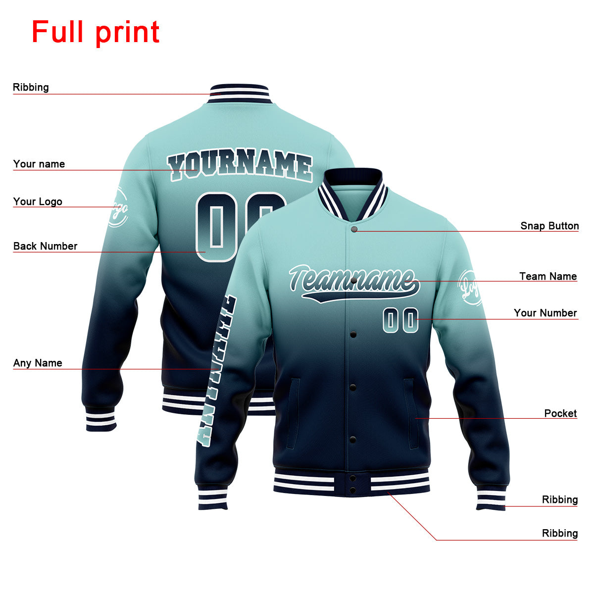 Chaqueta universitaria personalizada estilo Letterman para hombres-mujeres y jóvenes-color verde azulado claro y azul marino