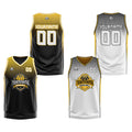 Traje de baloncesto reversible personalizado en negro-amarillo y blanco para adultos y niños