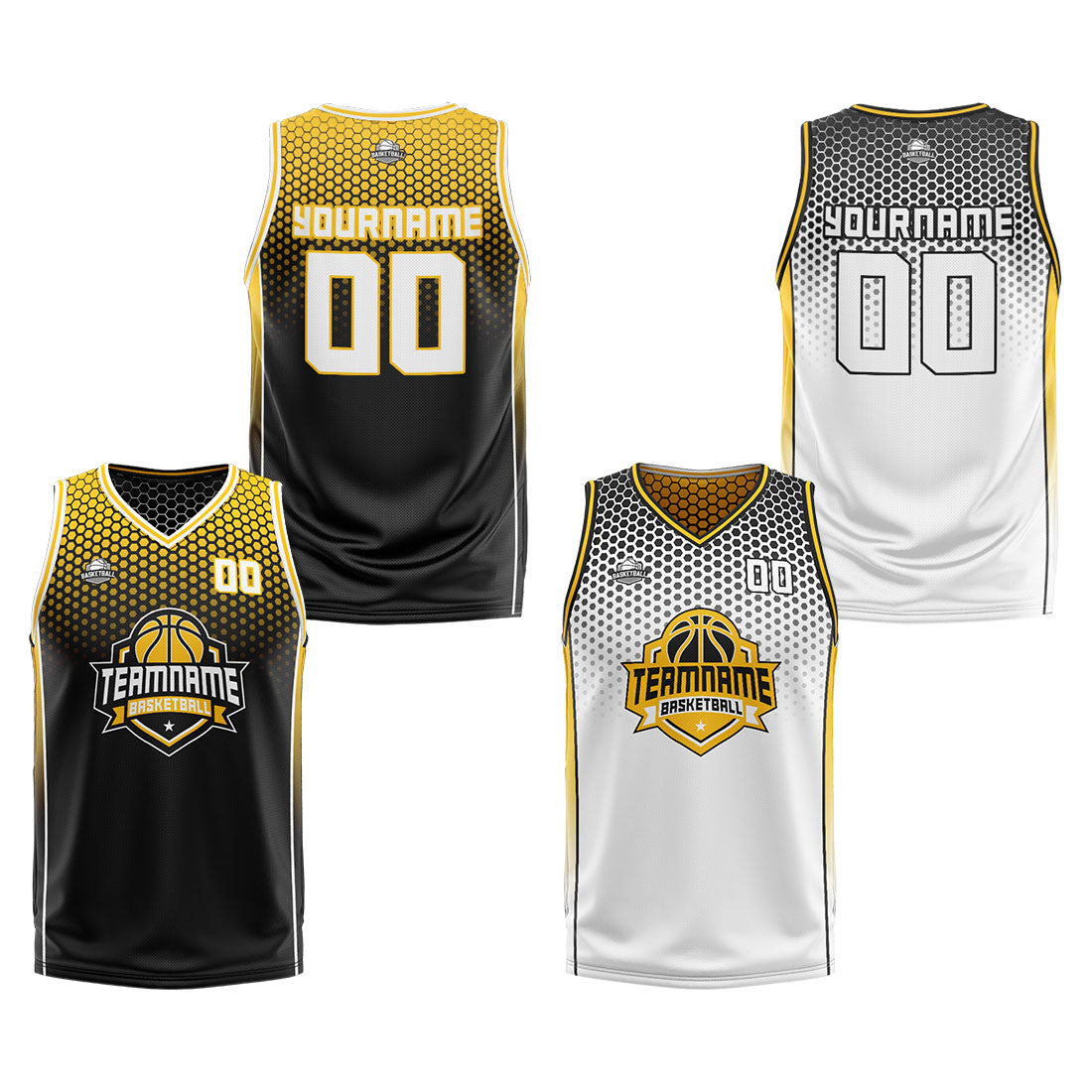Traje de baloncesto reversible personalizado en negro-amarillo y blanco para adultos y niños