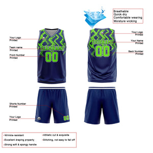 Uniforme de baloncesto personalizado azul marino verde neón con tu logotipo-nombre y número impresos