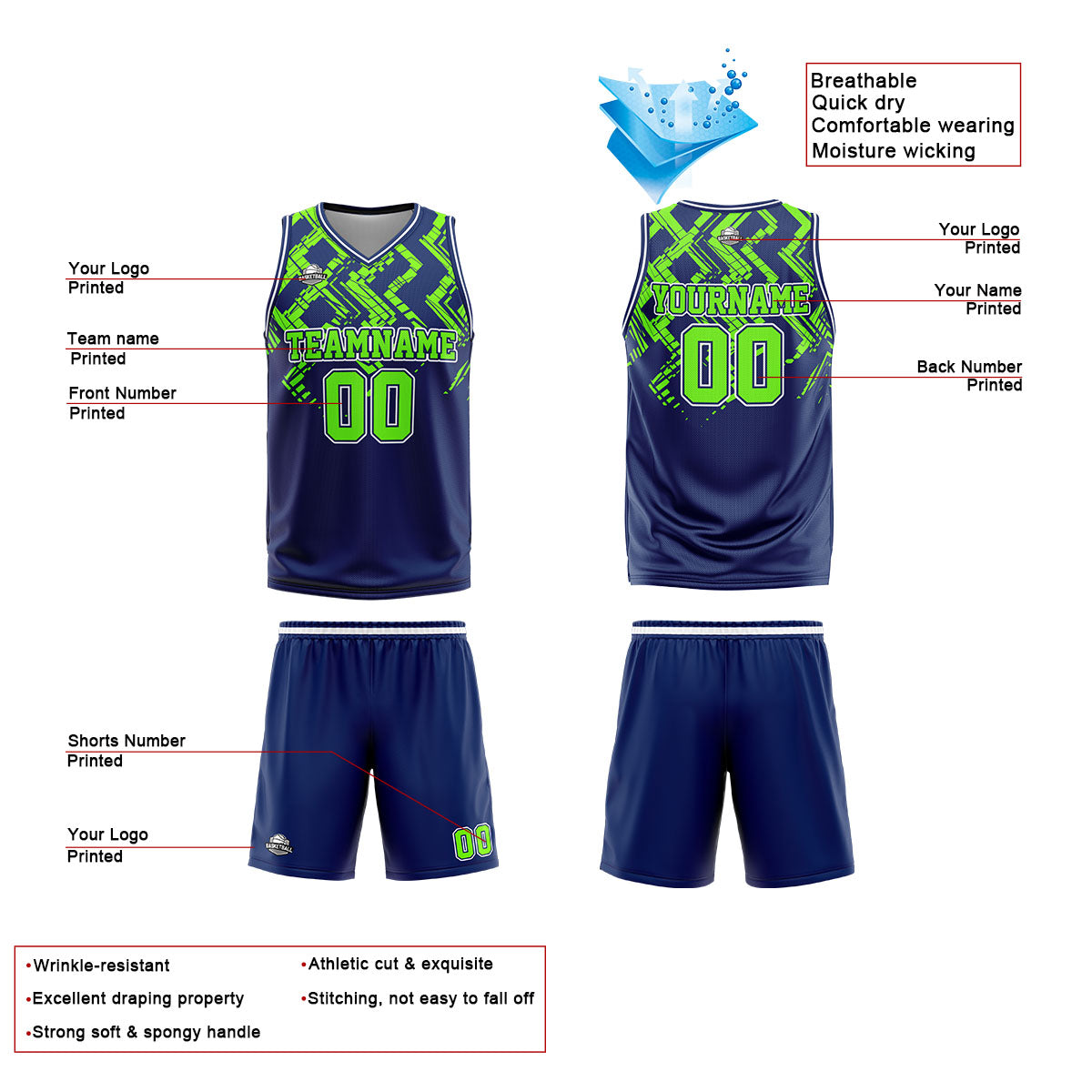 Uniforme de baloncesto personalizado azul marino verde neón con tu logotipo-nombre y número impresos