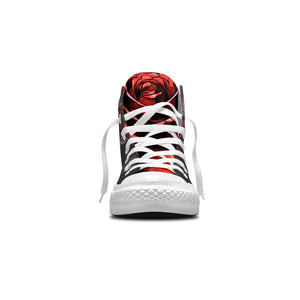 Sombras Carmesí: Déjese seducir por la oscura elegancia de las rosas rojas en nuestras zapatillas de lona de media caña