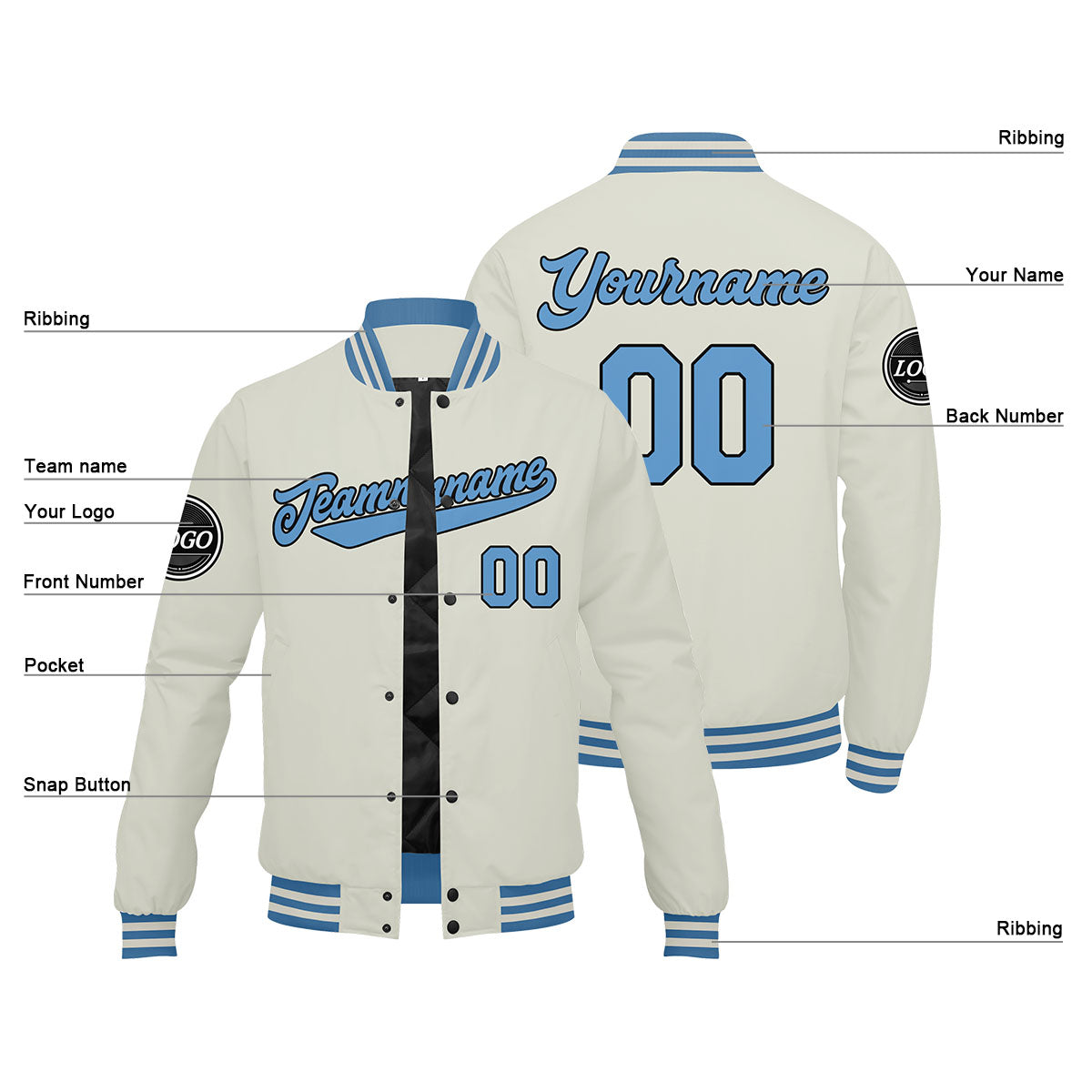 Chaqueta universitaria personalizada estilo Letterman para hombres-mujeres y jóvenes-color crema y azul claro