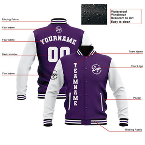 Chaquetas universitarias impermeables personalizadas en color morado-blanco y negro con nombre-número y logotipo bordados a medida