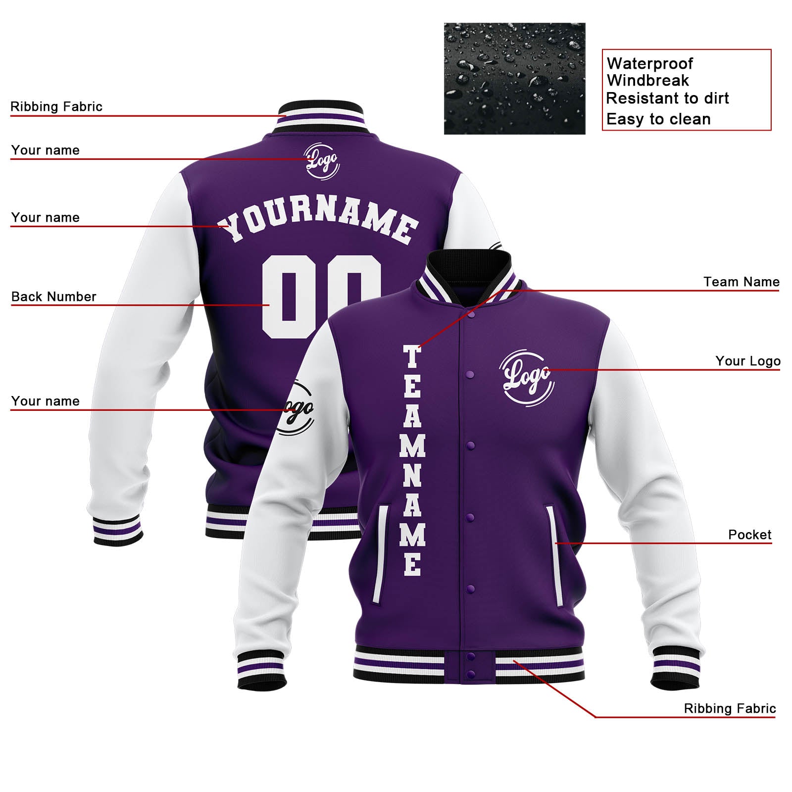 Chaquetas universitarias impermeables personalizadas en color morado-blanco y negro con nombre-número y logotipo bordados a medida