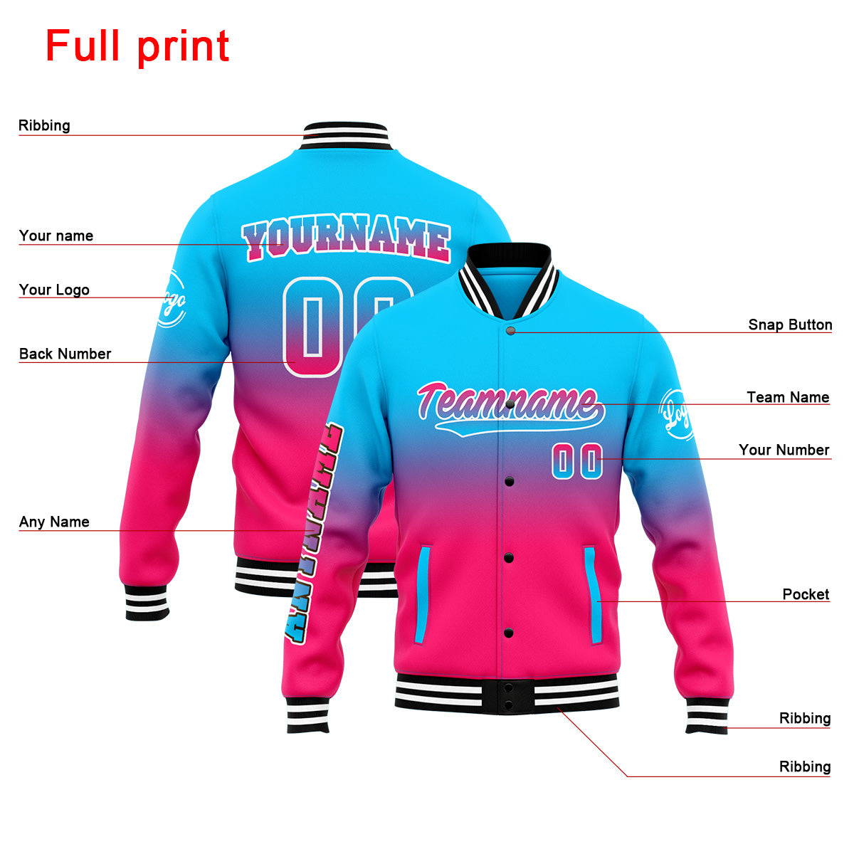 Chaqueta universitaria personalizada estilo Letterman para hombres-mujeres y jóvenes-color azul claro y rosa