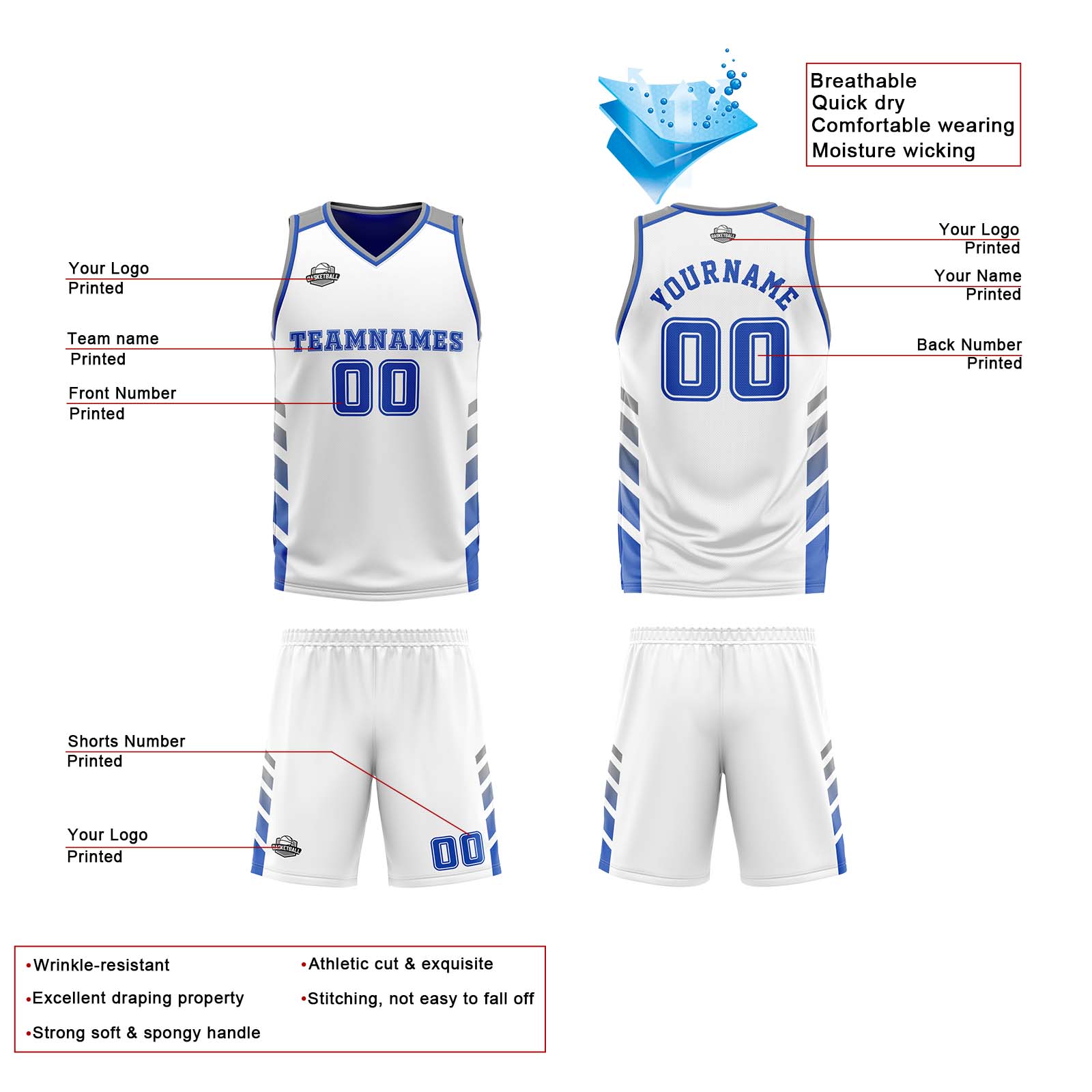 Traje de baloncesto reversible personalizado en blanco-azul y gris para adultos y niños